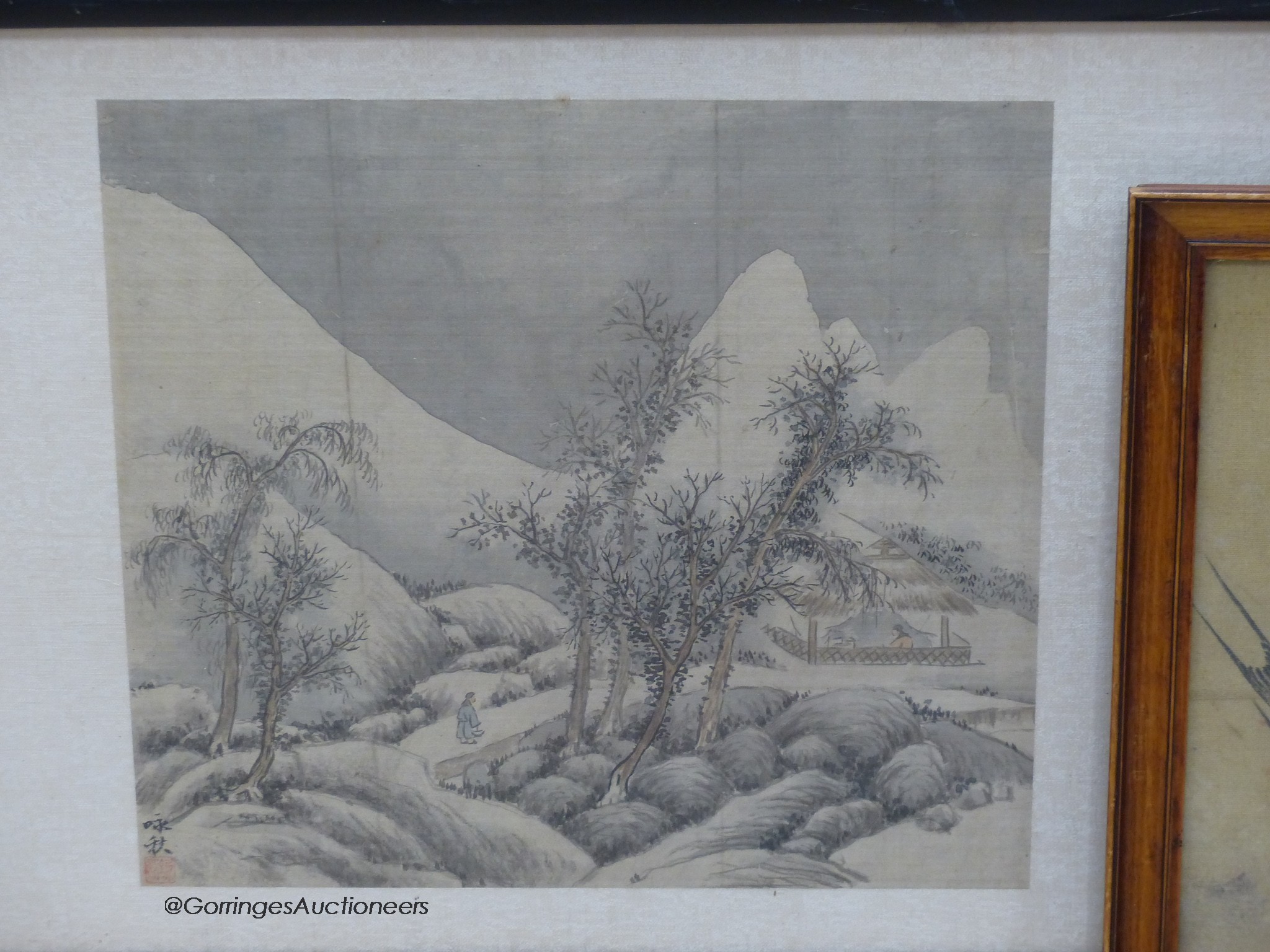 A late 19th century Chinese landscape painting on silk and another of birds amid prunus, largest 28 x 27cm